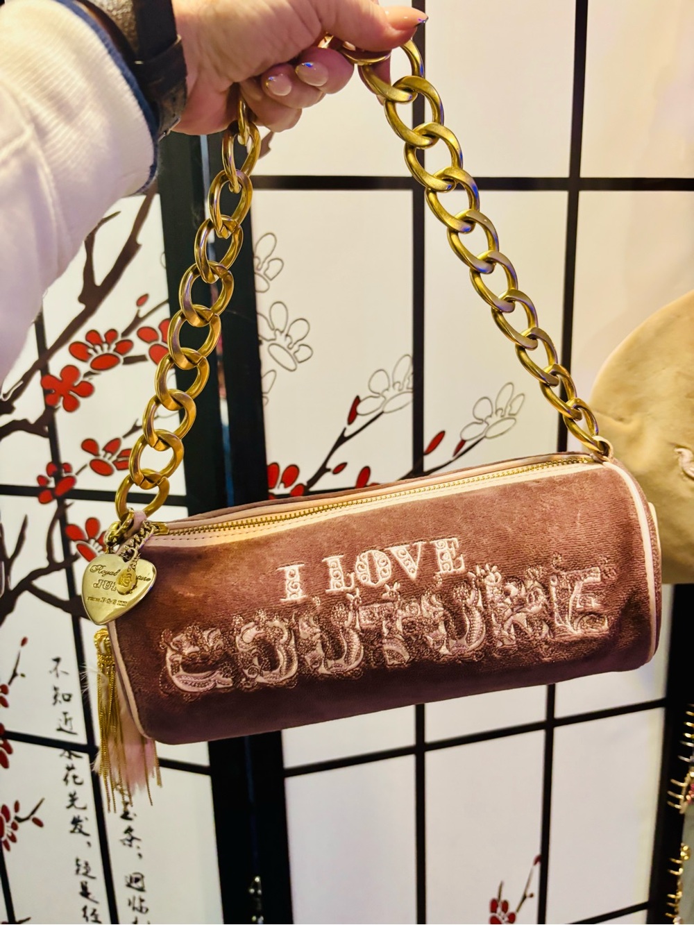 I Love Couture Velvet Cylinder Bag with Gold Chain
